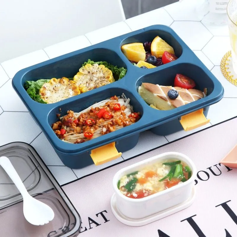 Four Compartment Lunch Box Portable Microwave Safe Dinnerware Sets School and Office Salad Boxes Container for Adult Kids MHY019-