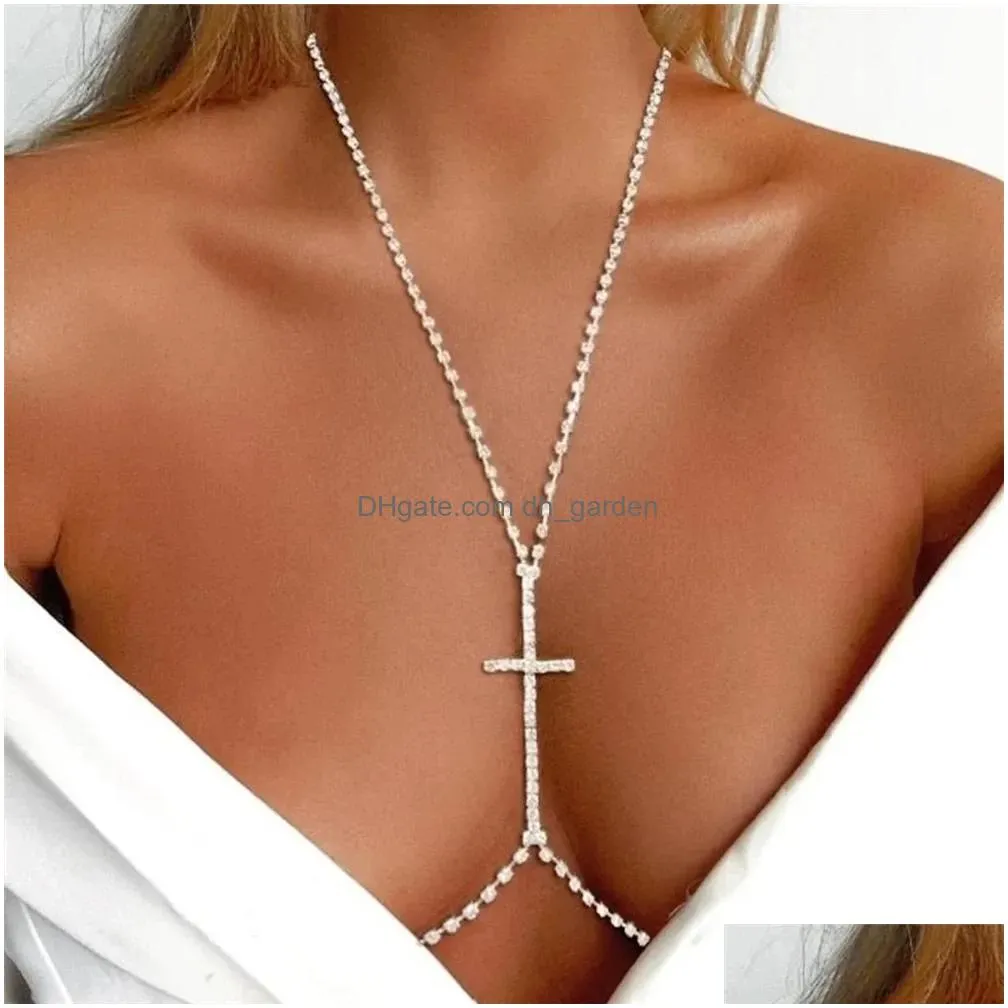 Chokers Choker Fashion Rhinestone Y Cruciform Bra Necklace Nightclub Party Luxurious Body Chain Chest Jewelry Drop Delivery Dhgarden Dhu8V