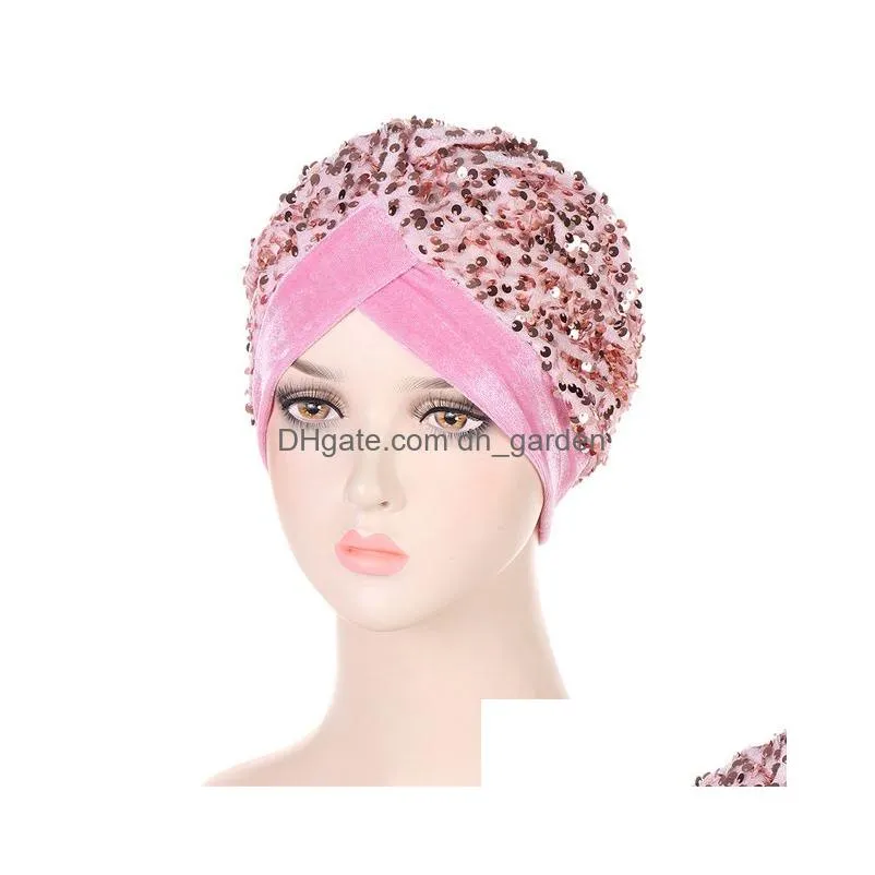 Beanie/Skull Caps New Muslim Turban Headwear For Women Pre Tied Veet Sequins Headwrap Chemo Beanies Hair Er Drop Delivery Fa Dhgarden Dhbpn