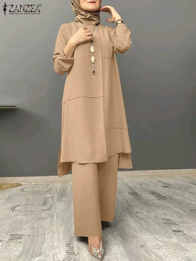 Ethnic Clothing ZANZEA Women Urban Tracksuit Muslim Two Piece Sets Elegant Long Sleeve Blouse Wide Leg Pants Solid Loose Outifits 2PCS Suit