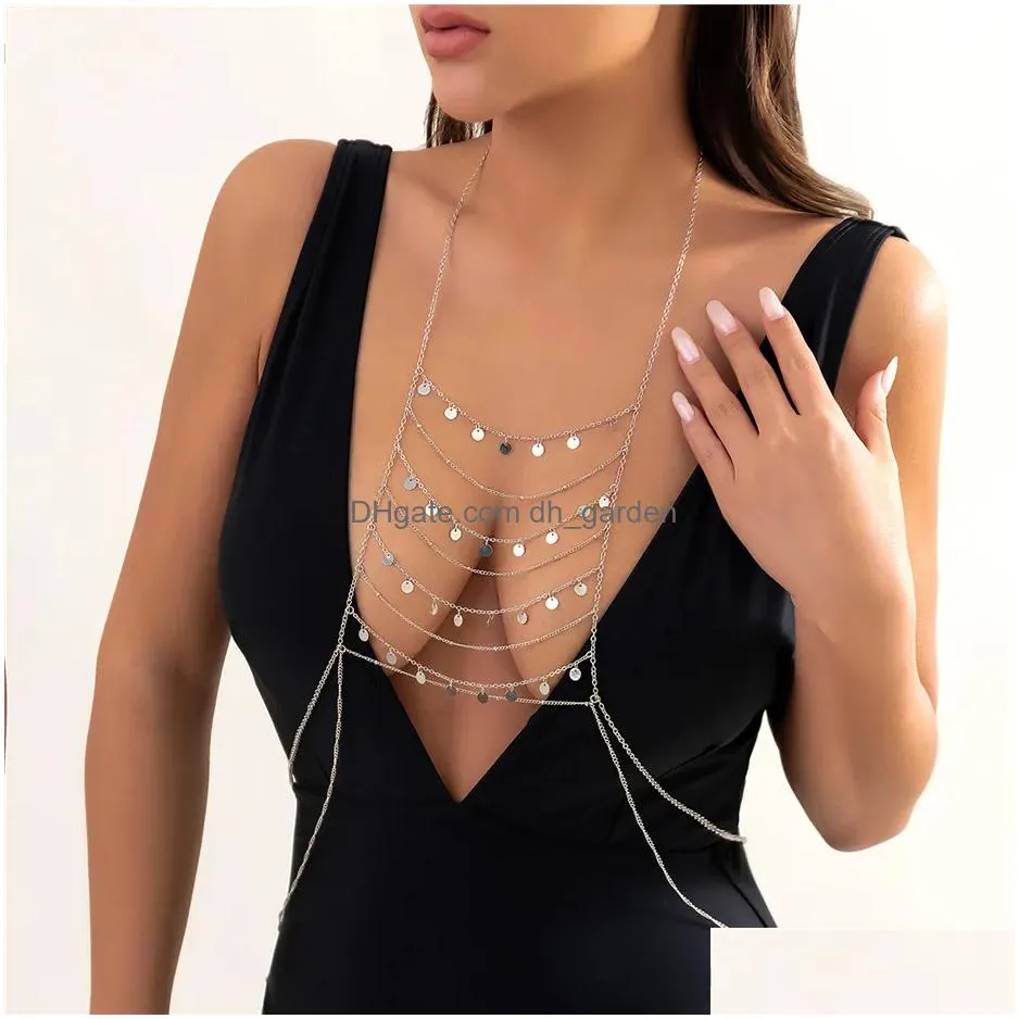 Chokers Y Cross Bra Lingerie Body Chain Necklace For Women Summer Bikini Tassel Sequin Chest Waist Belly Jewelry Accessories Dhgarden Dhhqv