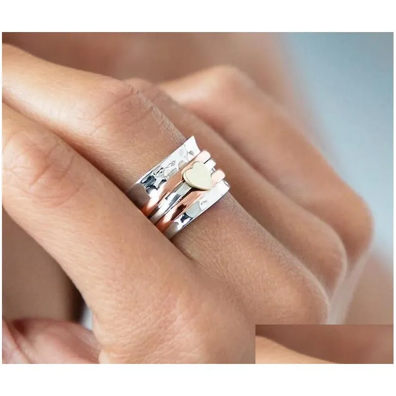 Band Rings Ladies Anxiety Stackable Rotating Ring Peach Heart Two Tone Decompression Love Jewelry For Gift Drop Delivery Dhanh