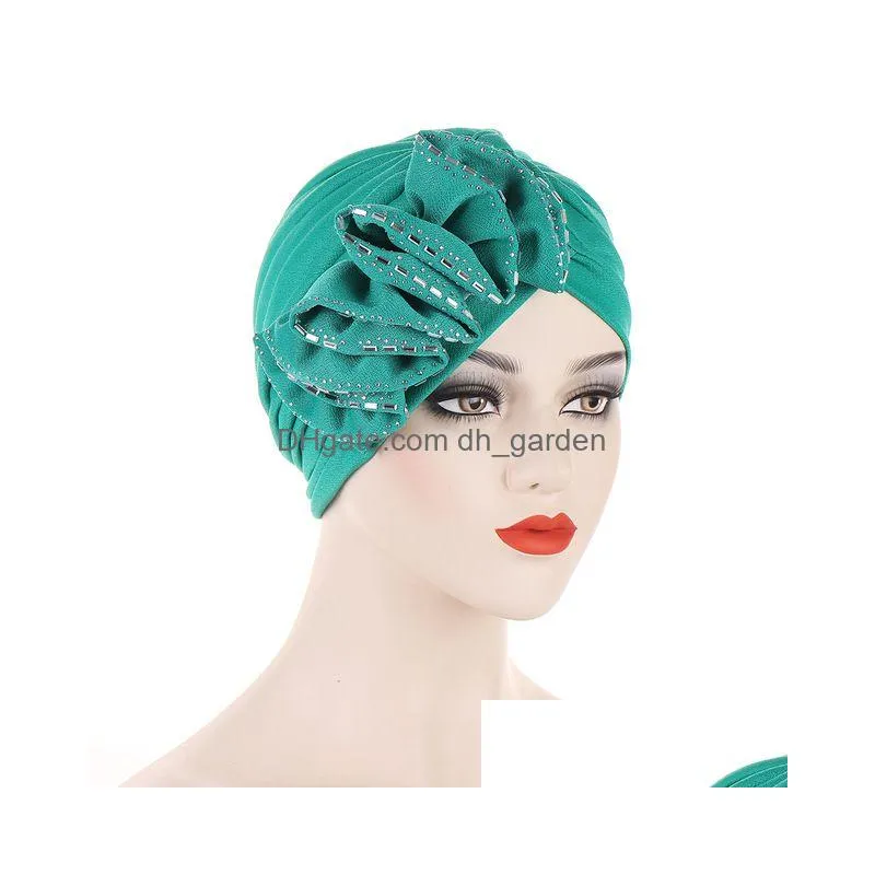 Beanie/Skull Caps Muslim Women Solid Pre Tied Ruffle Turban Hat Cancer Chemo Beanie Flower Drill Cap Headwear Headwrap Head Dhgarden Dhzud