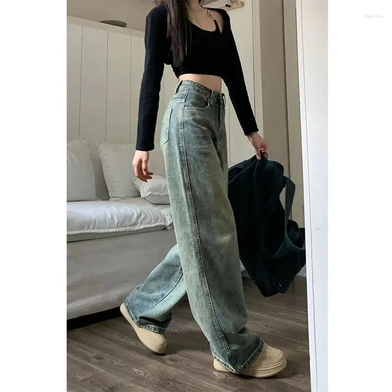 Women`s Jeans Vintage 90S Baggy Straight Denim Trousers Female Y2K High Waist Loose Wide Leg Women Streetwear All-Match Casual Pants