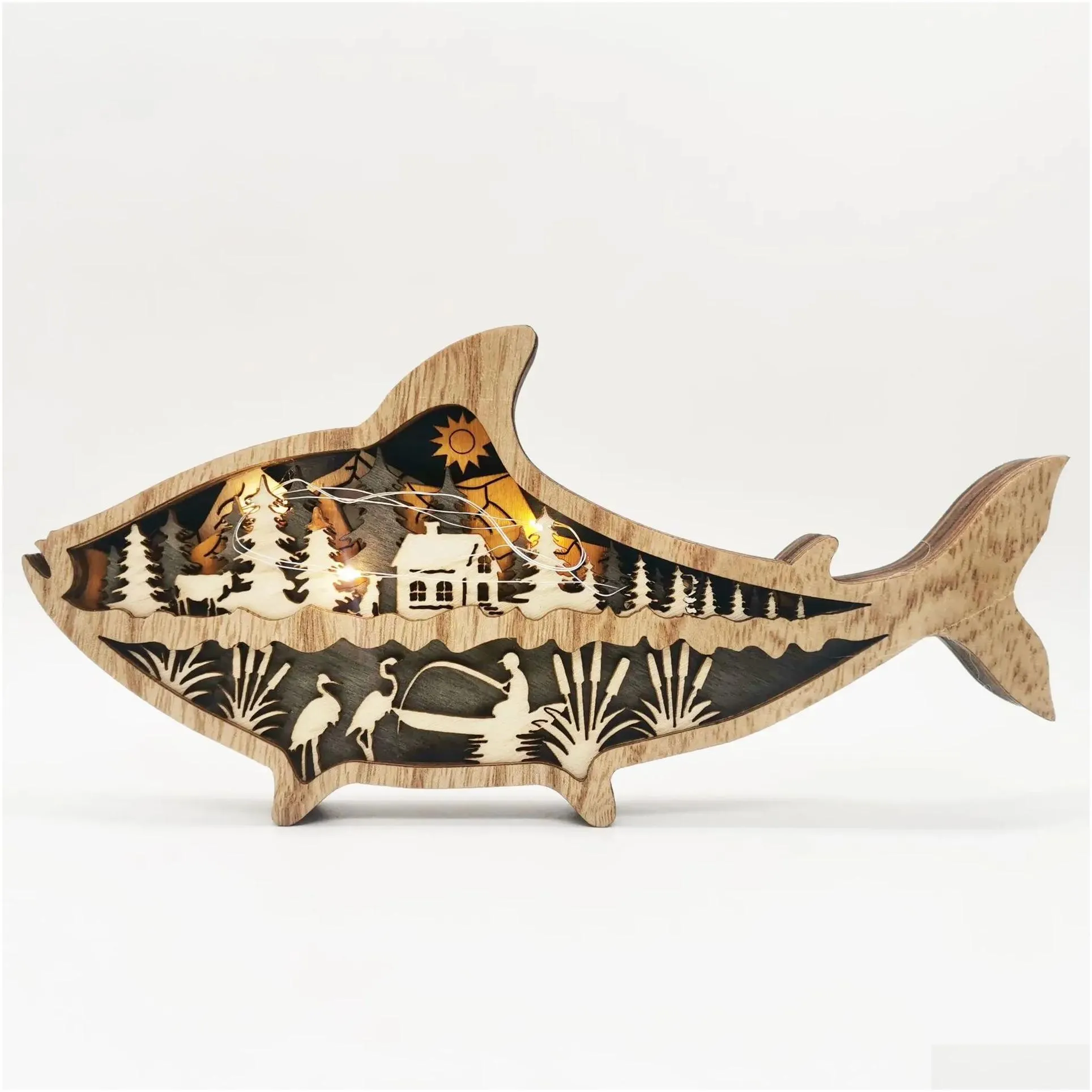 Tools New Marine Animal Wooden Handicraft Creative Marine Wind Wooden Carving Fish Table Decoration With Light 3D In Home Room
