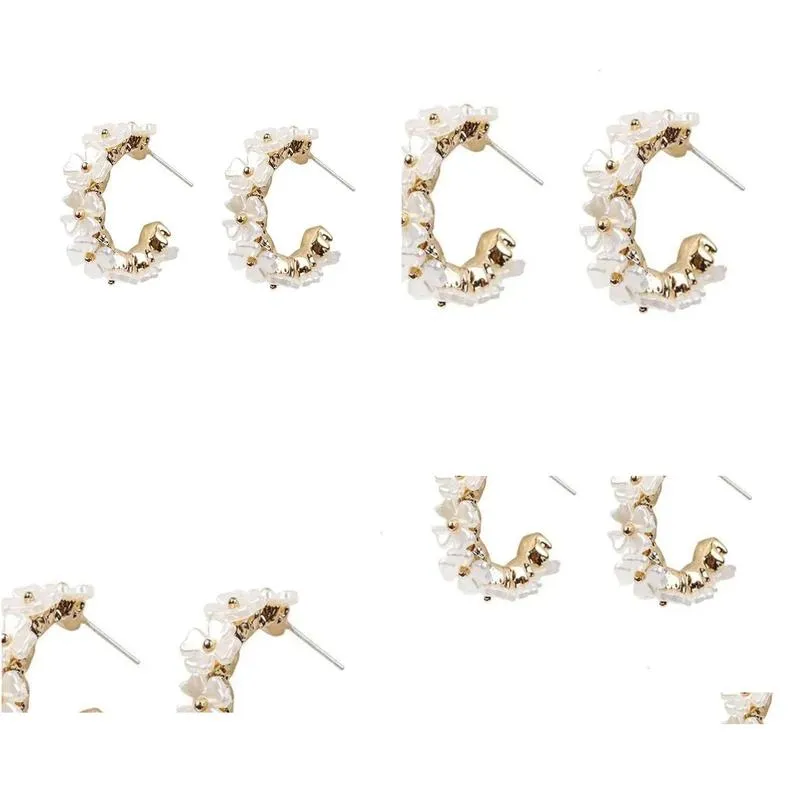 Stud Hoop Earrings 2023 Korean Fashion Jewelry Accessories Wholesale Dainty White Acrylic Shell Pearl Floral Petal Flower For Women P Otgyd