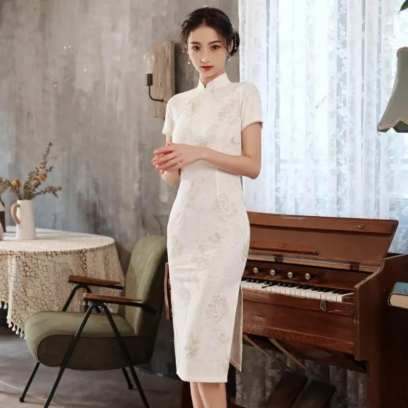 Ethnic Clothing Classic Elegant White Female Qipao Vintgae Mandarin Collar Lace Flower Cheongsam Sexy Split Vestidos Traditional
