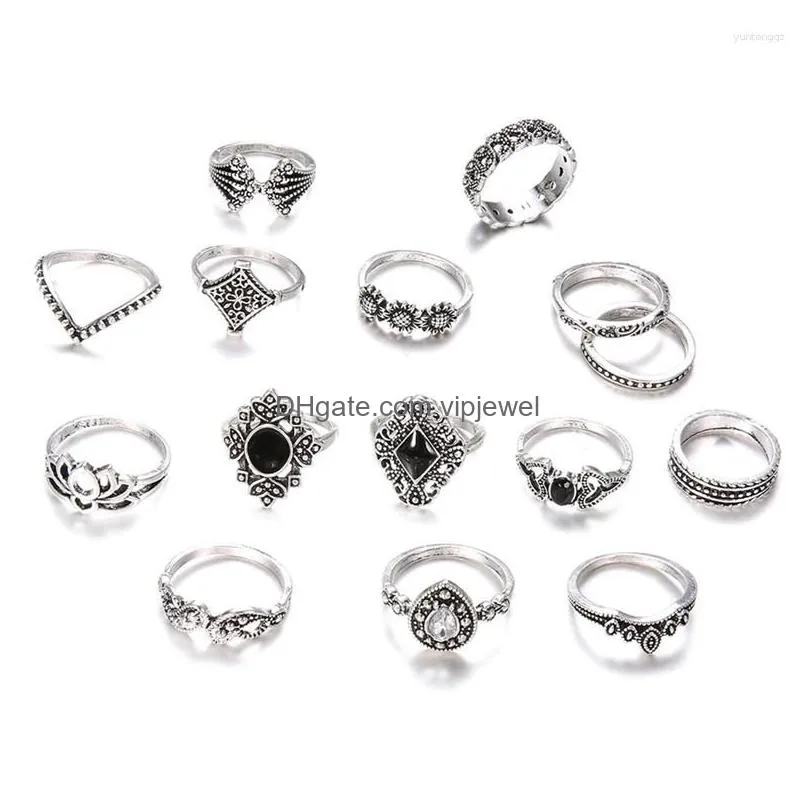 Wedding Rings 15Pcs/Set Bohemian Style Vintage Black Stone Geometric For Women Promise Set Fashion Accessories Banquet Party Gift Dr Dhj5A