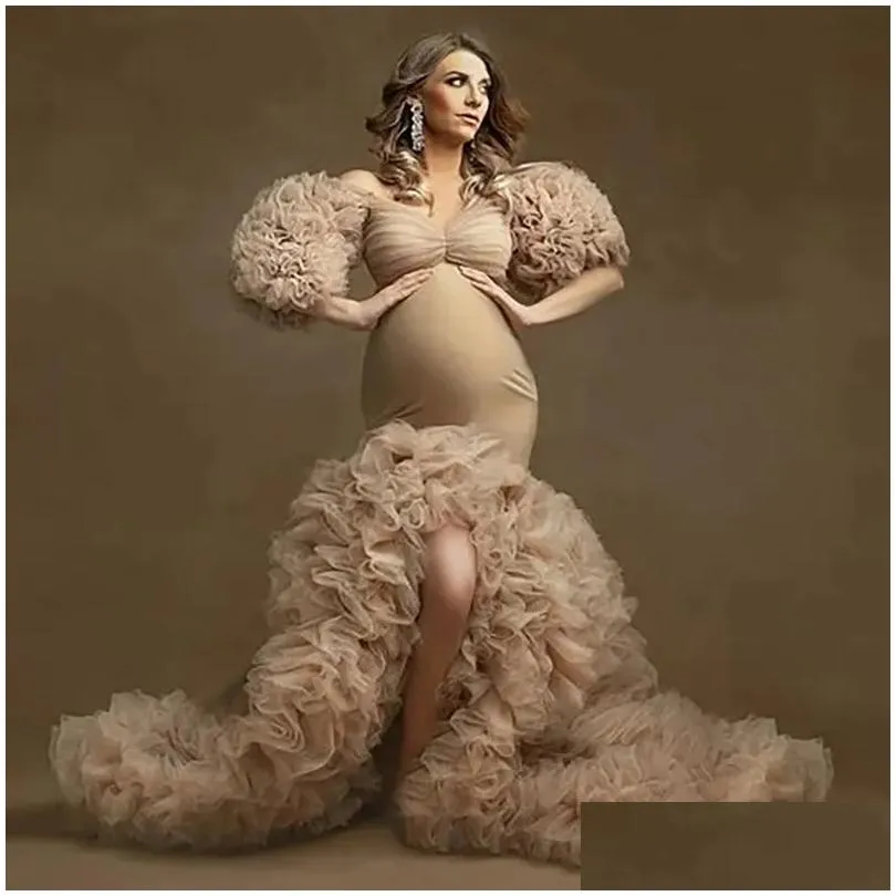 Floral Ruffled Bridal Maternity Dresses Sexy Slit Puffy Sleeve Elastic Custom Made Women Mermaid Party Dresses Real Image