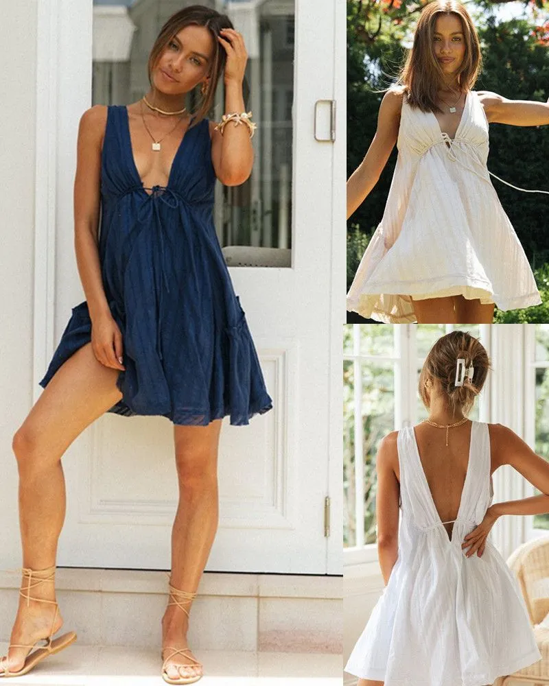 Casual Dresses Women Sleeveless Midi Dress Spaghetti Strap Solid Color Tie Up Sundress Elastic A Line Flowy Beach Party