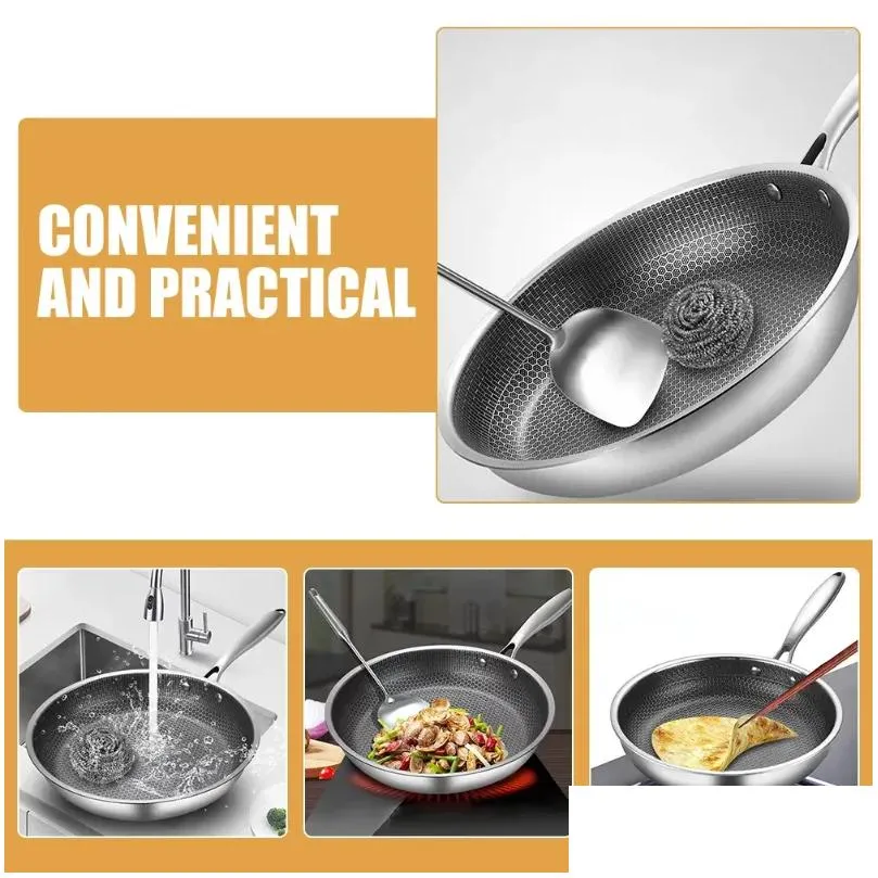 Pans Stainless Steel Wok Non Stick Honeycomb Double Sided Stir-fry Pan Non-stick Cookware Cooker