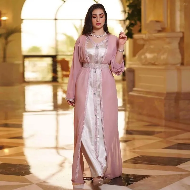 Ethnic Clothing Two Pieces Abaya Set Women Vest Long Dress With Chiffon Outerwear Mubarak Eid Muslim Moroccan Caftan Arabic Oman Dubai