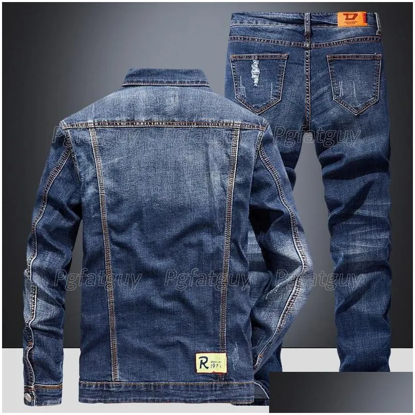 Men`S Tracksuits Mens Fashion Slim Sets Spring Autumn Dark Blue Denim Cotton Long Sleeve Jacket Add Ripped Hole Jeans Couple Two Piec Otc23