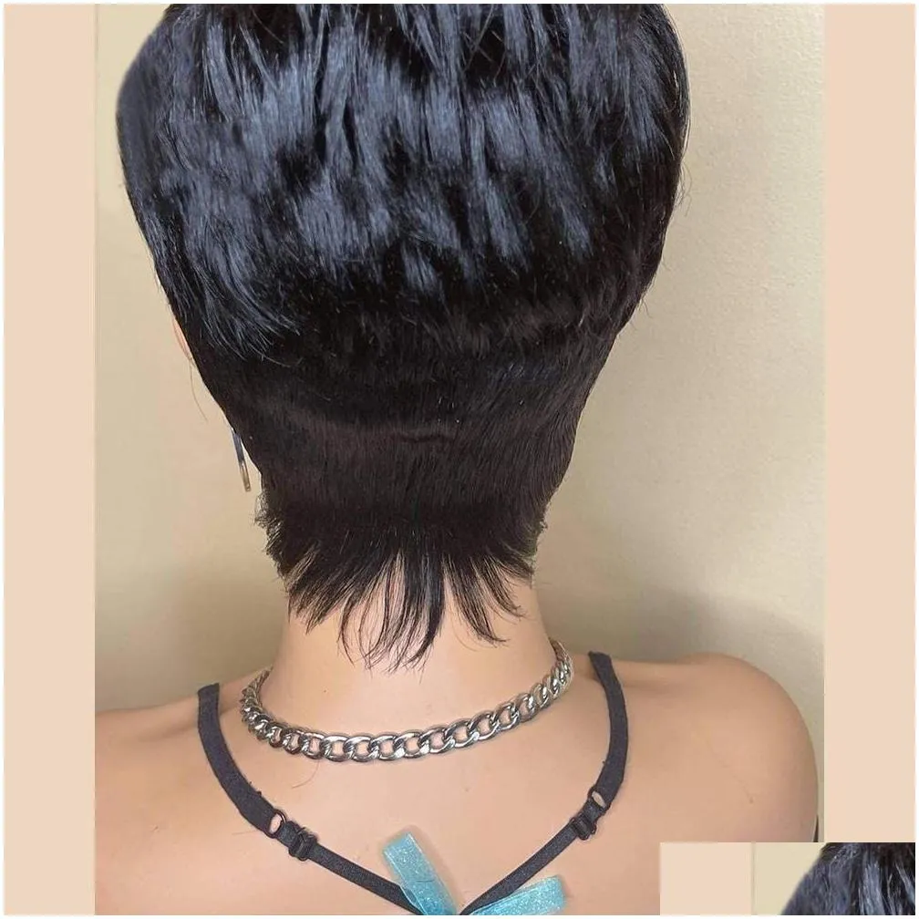 Short Bob Wig Human Hair Pixie Cut Wig for Black Women None Lace Front Wig with Bangs Layered Wavy Full Machine Made Wig 180%density