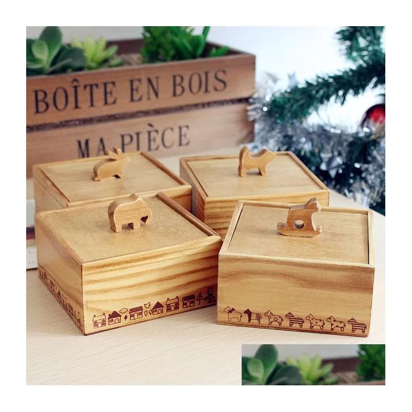 Storage Boxes & Bins Vintage Wooden 3D Cute Animal Box Jewelry Small Square Desktop Case Drop Delivery Home Garden Housekeeping Organi Dhm4V