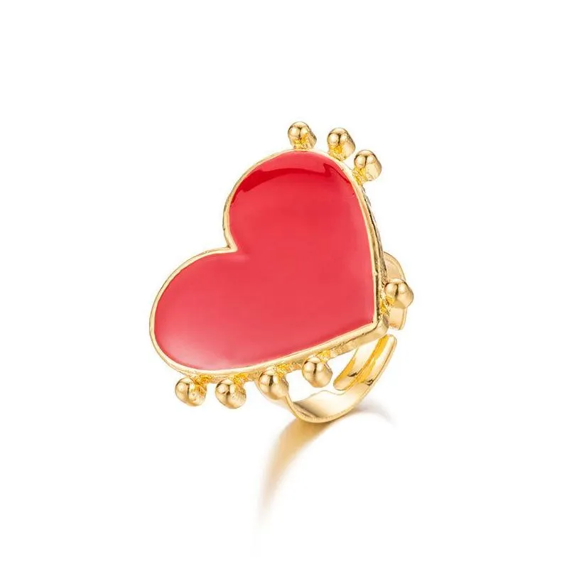 With Side Stones European And American Fashion Enamed Red Heart Love Ring Creative 18K Glod Evil Eye Adjustable Jewelry Drop Delivery Dhg0S