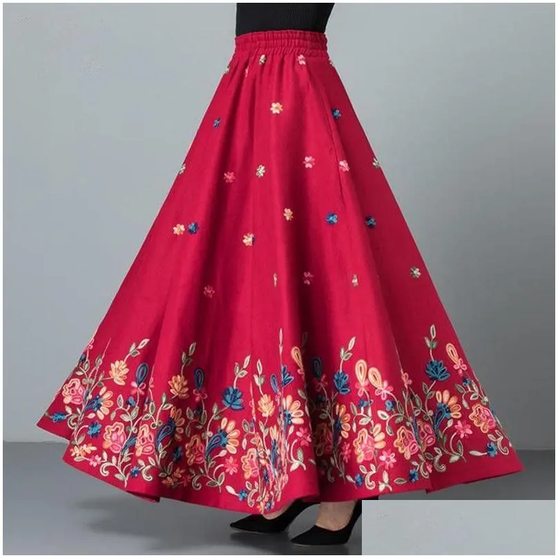 Skirts Mom Elegant Embroidered Maxi Pleated Skirt Women Plus Size Winter Warm Woolen Long Lady High Waist Casual Wool Office Drop Del Oteih