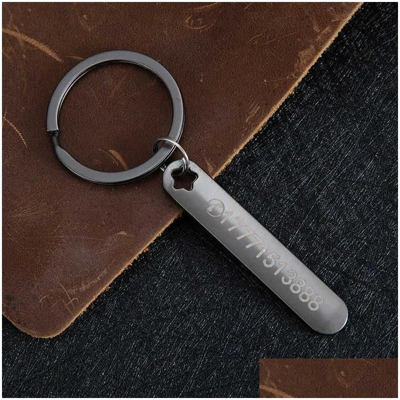 Keychains & Lanyards Custom Phone Number Cute Hollow Out Animals Personalized Titanium Bar Keyring Laser Engraving Name Car Key Drop Dhern