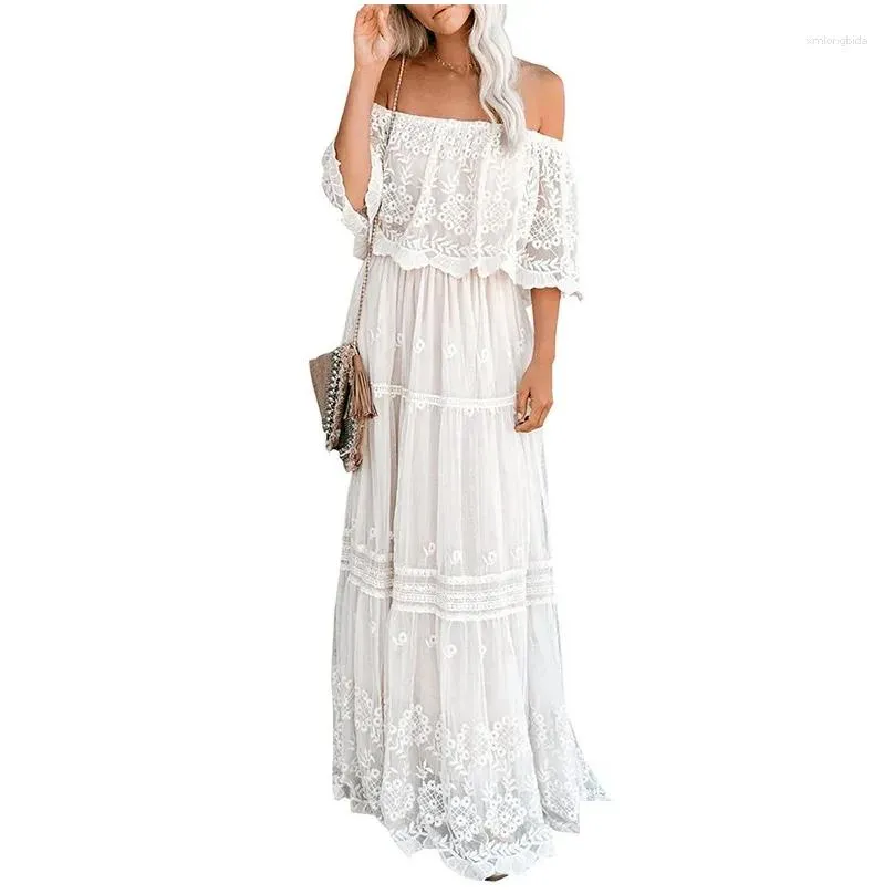 Basic & Casual Dresses Happie Queens Women White Lace Off Shoder Bohemian Maxi Batwing Sleeve Y Evening Dress Vestidos Boho Robe Drop Otm4O