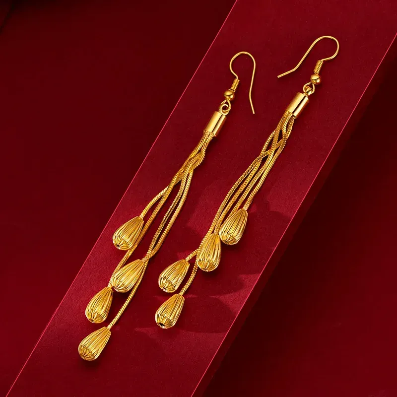 Earrings Gold Wheat Tassel Earrings Temperament Water Drops Earrings Pendant Bridal True 999 Gold Valentine`s Day Exquisite Jewelry