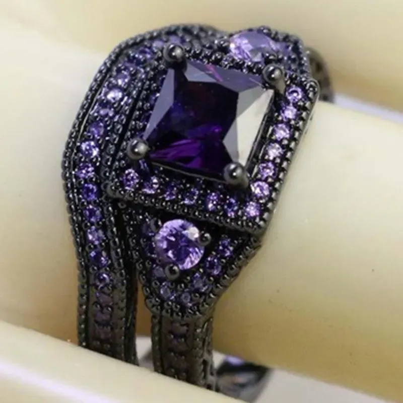 Wedding Rings Creative Fashion Jewelry Princess Cut Purple Zircon Stone Black Filled Ring Set Anniversary4047135