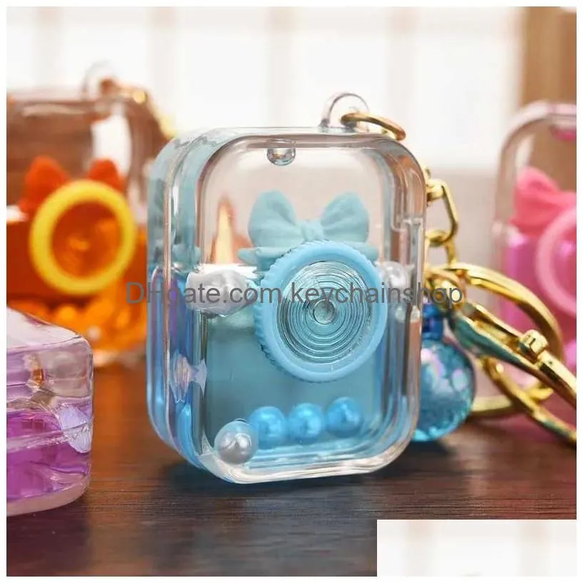 Keychains & Lanyards 2Pcs Cute Floating Bow Square Bottle Keyring Creative Camera Keychain Gift Women Couple Bag Pendant Key Drop Del Dhpfe