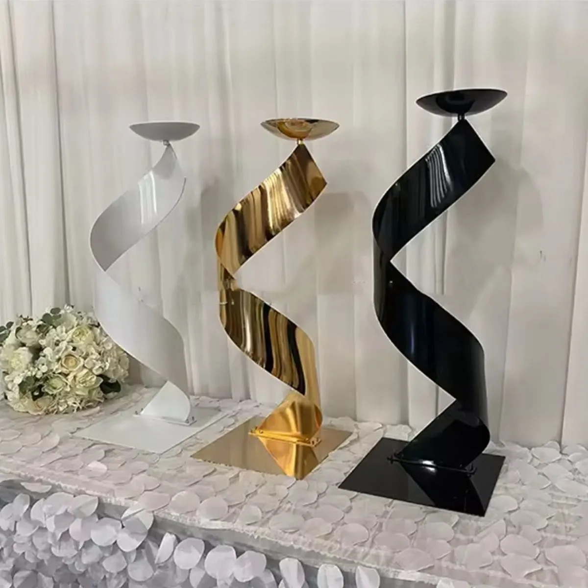 Black Wedding Centerpiece white electroplate S ribbon shape white gold black Metal Vase Flower Stand Holders Chandelier for Reception