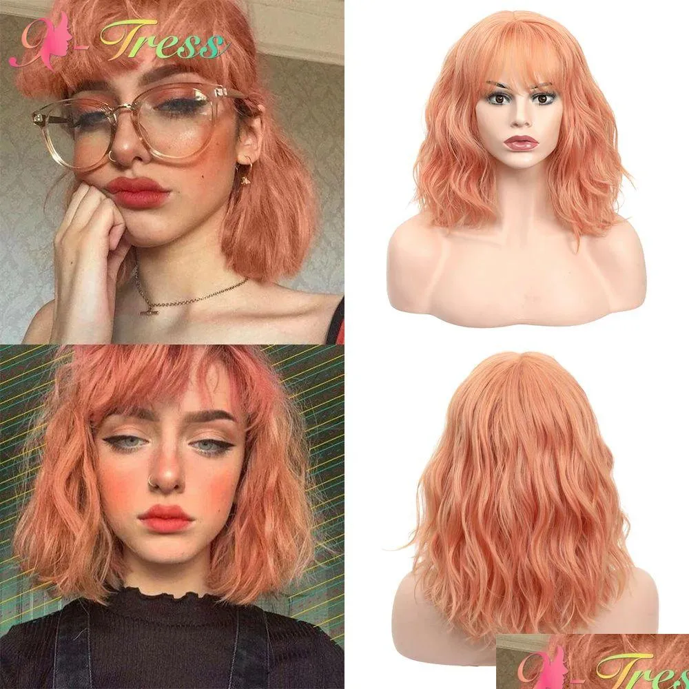 Wigs XTRESS Short Bob Wig with Bangs Orange Color Synthetic Lolita Wig for Women Shoulder Length Wave Hairstyles for Party Cosplay