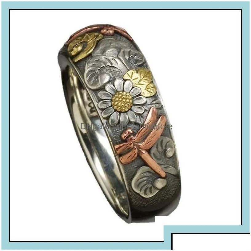 Cluster Rings Vintage Punk Metal Skl Carved Gothic Ring Flower Dragonfly Sunflower Cool Mens Rock Party Biker Jewelry Drop Delivery