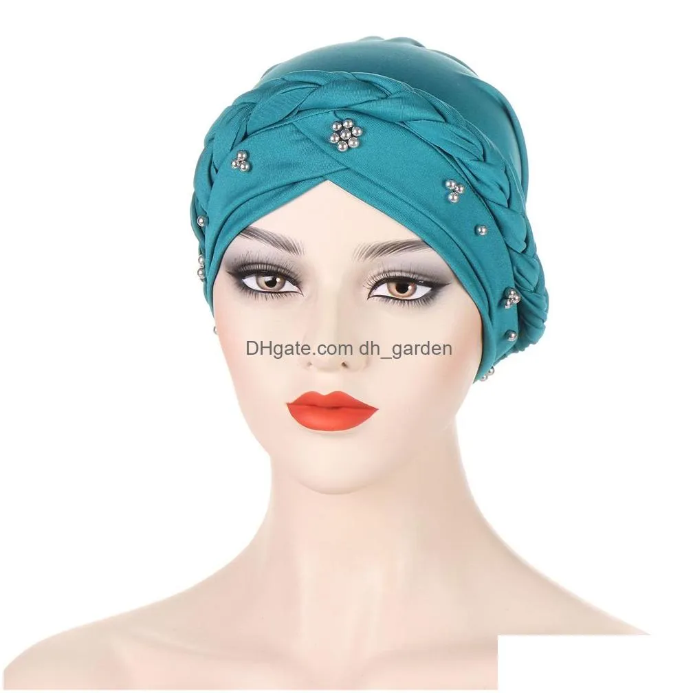 Beanie/Skull Caps Indian Women Beads Hijab Braids Bonnet Chemo Muslim Cancer Beanie Hair Loss Hat Islamic Headwrap Scarf Er Dhgarden Dhesv