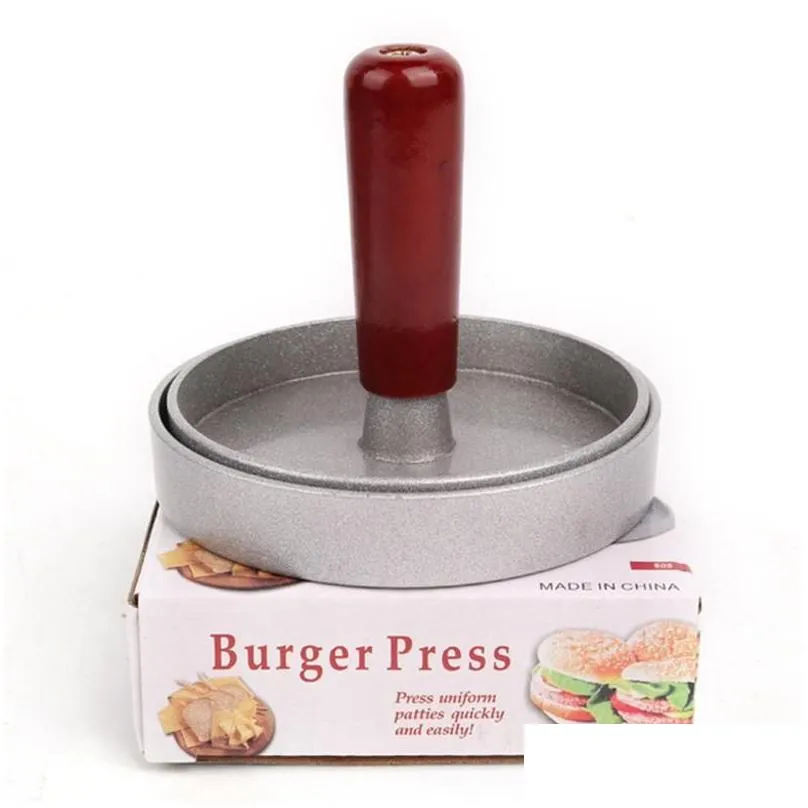 Meat & Poultry Tools Aluminum Alloy Round Shape Hamburger Press Kitchen Tool Wooden Handle Non-Stick Burger Maker Hamburgers Mold Beef Dhqnk