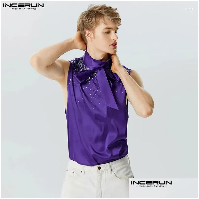 Men`s Tank Tops INCERUN 2024 Men Sequins Shiny Stand Collar Tie Up Fashion Sleeveless Vests Summer Streetwear Party Clothing S-5XL