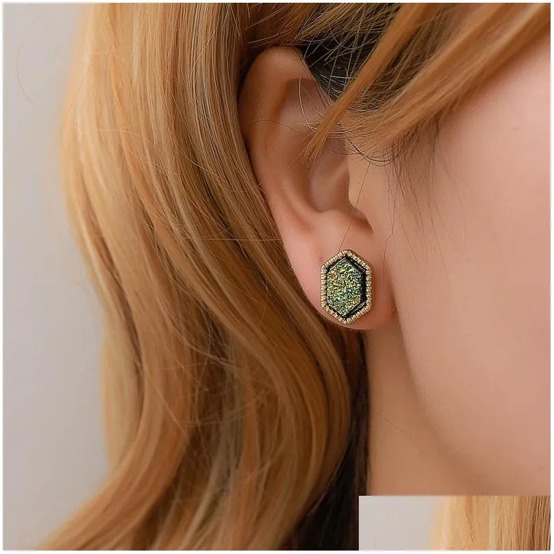 Stud Selling 18K Gold Filled Druzy Earrings Trendy Womens Wholesaling 12Mm Hexagon Resin Drusy Earring Jewelry Drop Delivery Dhjgr