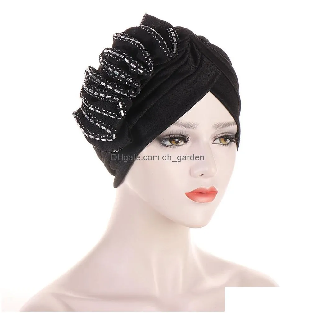 Beanie/Skull Caps Flower Hijab Turban Muslim Women With Diamonds Soild Color Headscarf Bonnet Inner Hijabs Arab Head Wraps I Dhgarden Dhgqh