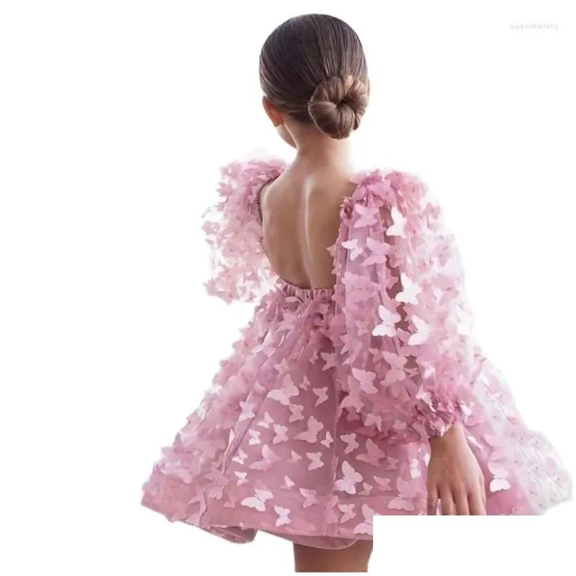 Girl Dresses Lovely Pink Puffy Sleeves Flower Dress For Wedding 3D Butterfly Appliques Backless Birthday Party First Communion Gown