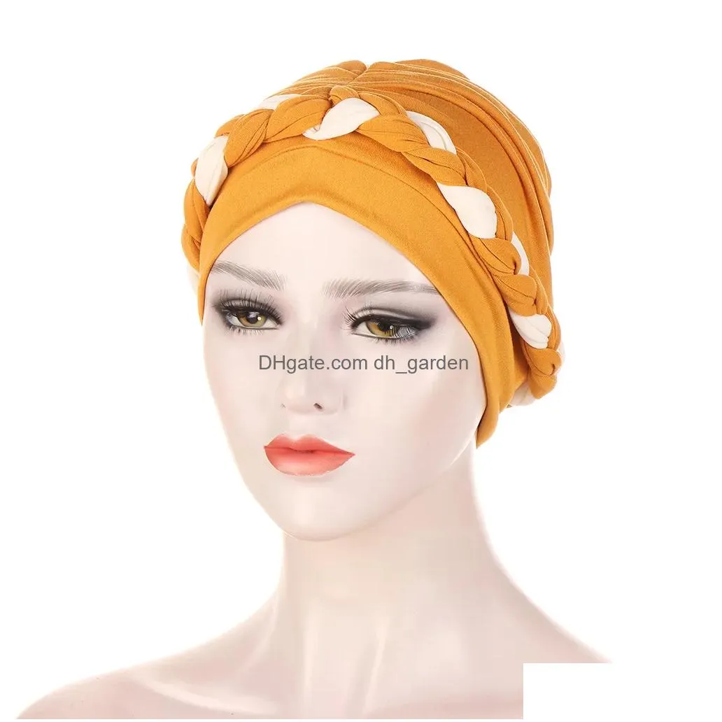 Beanie/Skull Caps New Muslim Braid Turban Hats Pretied Twist Silky Chemo Beanies Headwrap Plated Headwear For Cancer Hair Lo Dhgarden Dh7Jg