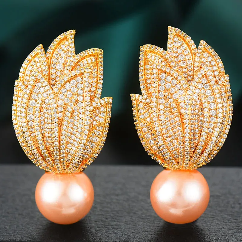 Stud Earrings GODKI Luxury Trendy Leaf Big Earring For Women Wedding Party Imitation Pearl Cubic Zirconia High Jewelry Addiction