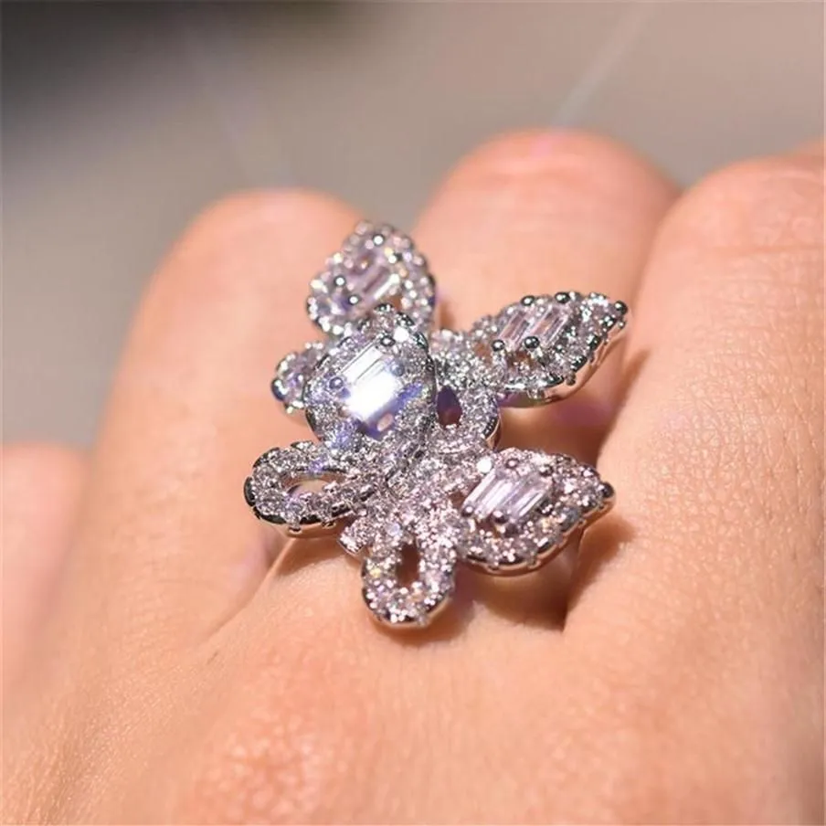 Two Butterflies Zircon Diamonds Rings For Women White Gold Color Wedding Engagement Band Cocktail Party Jewelry Shiny Gifts