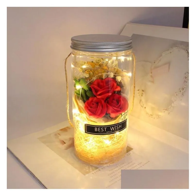 Decorative Flowers & Wreaths Preserved Flower Soap Rose Led Valentines Day Birthday Gift Immortal Rgb Light Mti-Colored Dome Real Eter Dhhdi