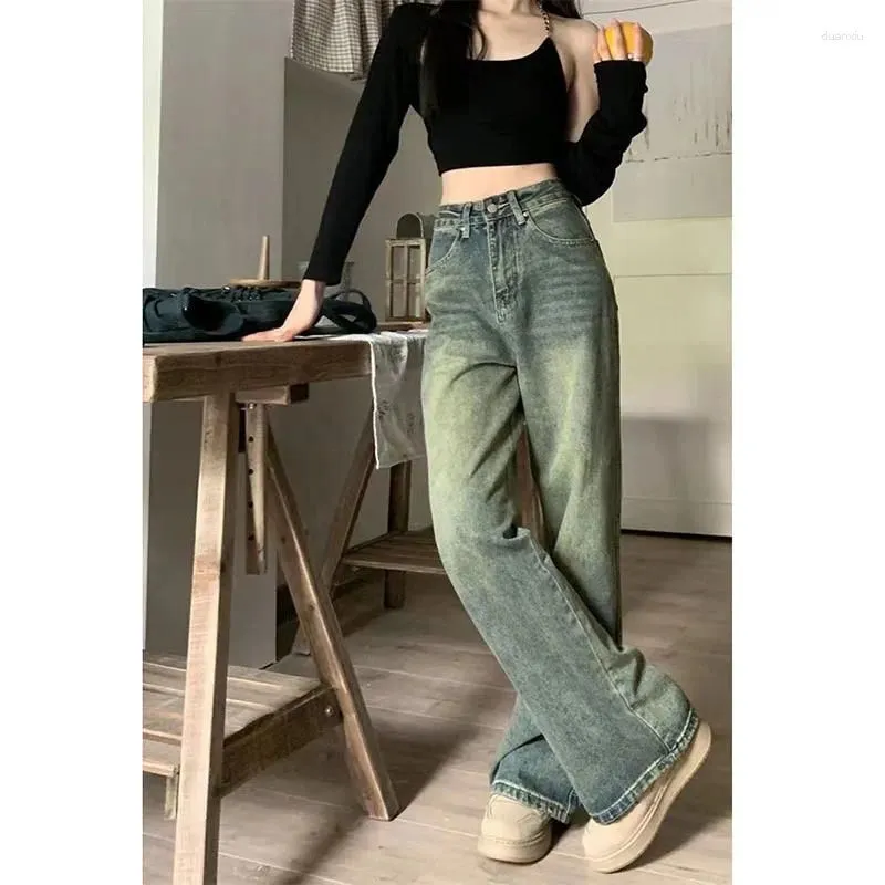 Women`s Jeans Vintage 90S Baggy Straight Denim Trousers Female Y2K High Waist Loose Wide Leg Women Streetwear All-Match Casual Pants