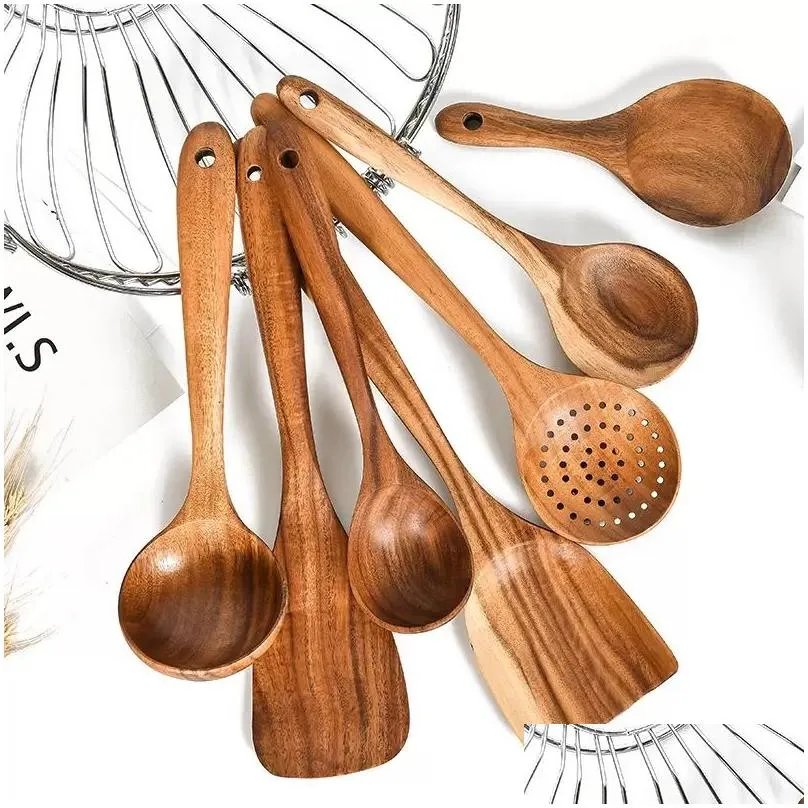 Spoons Teak Wood Tableware Spoon Colander Long Handle Wooden Non-Stick Special Cooking Spata Kitchen Tool Utensils Kitchenware Gift Db Dhkpa