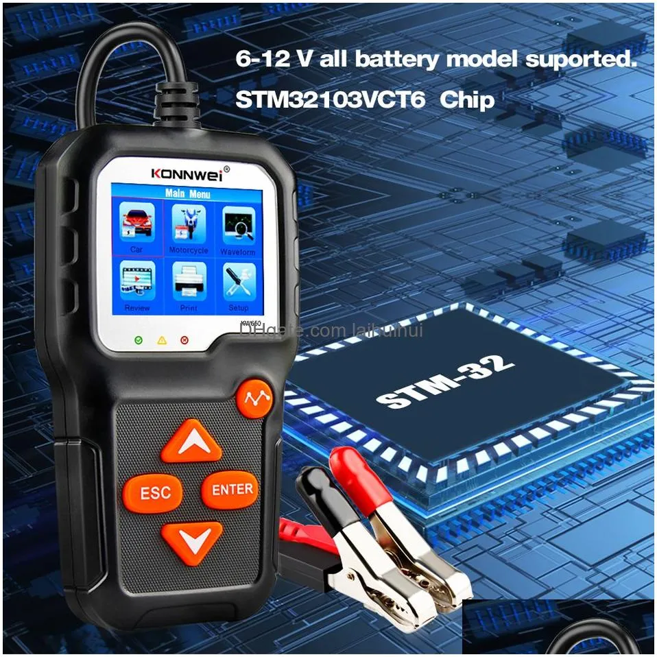 konnwei battery tester tools 12v 6v car motorcycle batterys system analyzer 2000cca charging cranking test tool kw650