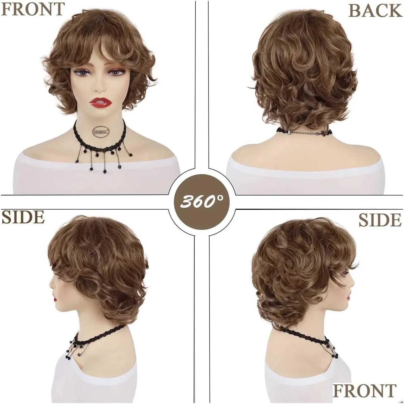 Hair Wigs Synthetic Brown Short Curly Wig for Women Girls Pretty Sweet Hairstyle Wig with Bangs Daily Cosplay Party Casual Hair 240306