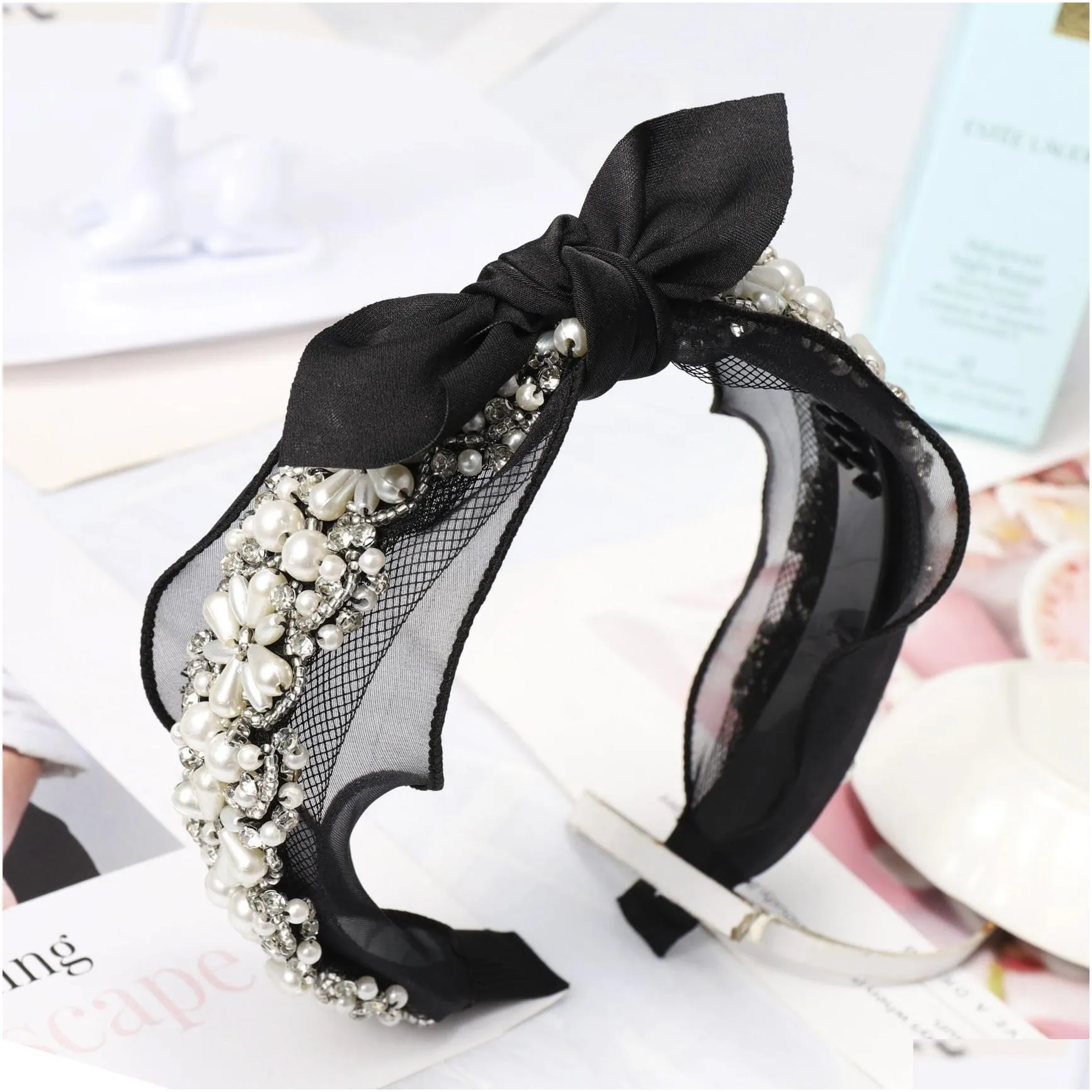 Lace Headband Diamond Pearl Rhinestone Hair Accessories Black Butterfly Boutique Bow Hair Bands For Women Knot Haar Accessoires1538105