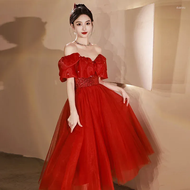 Ethnic Clothing Off Shoulder Bride Bridal Wedding Dress Women Cheongsam Exquisite Lace Beads Sequins Evening Party A-Line Mesh