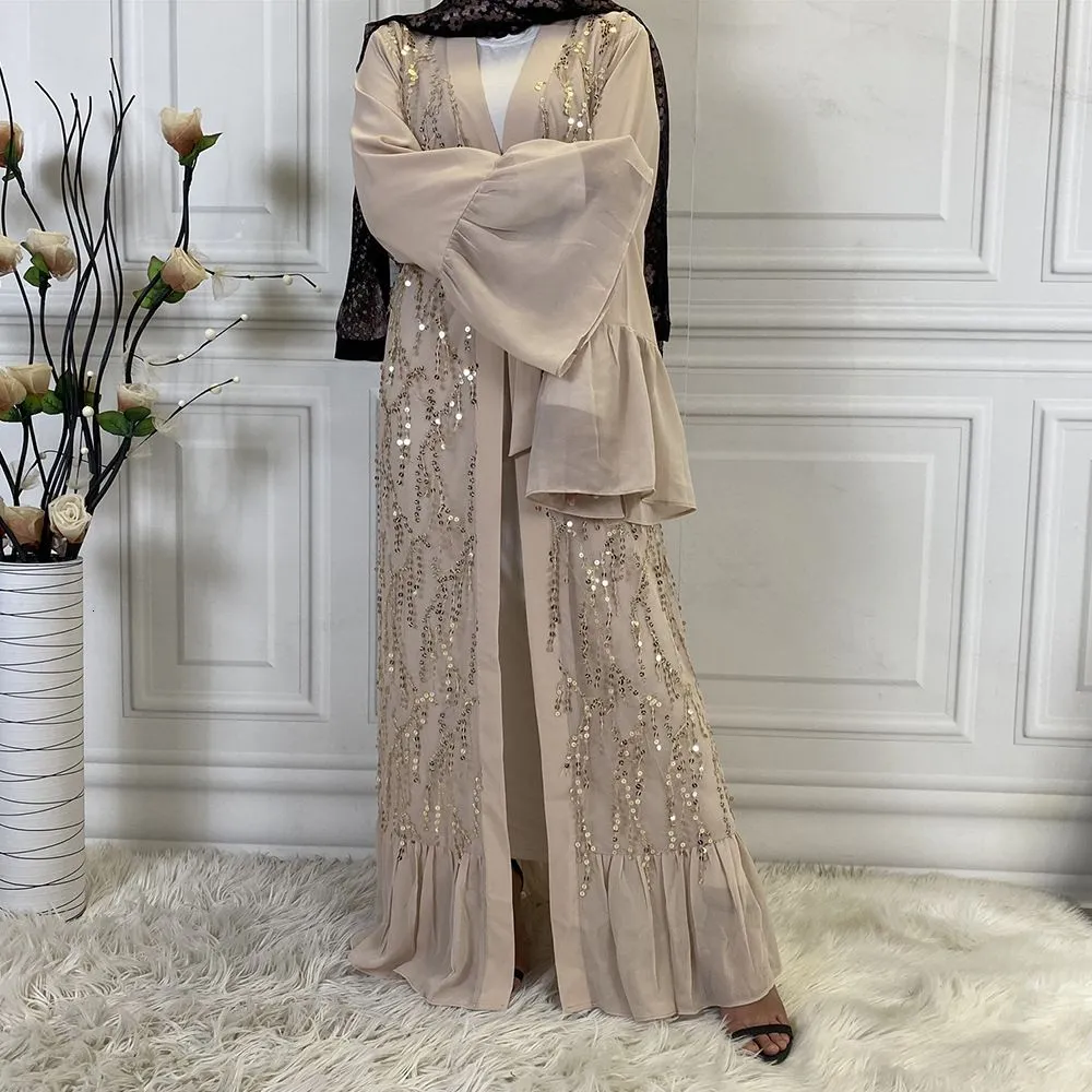 Ethnic Clothing Woman Muslim Abaya Sequins Chiffon Cardigan Dress Fashion Casual Turkey Caftan Saudi 230324