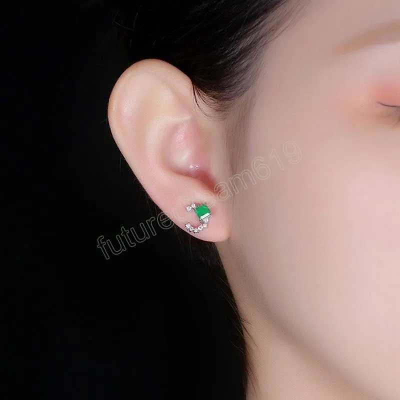 Luxury Simulation Zambia Emerald Earrings Geometric Design 925 Silver Needle Stud Earring Fine Ear Accessories For Women