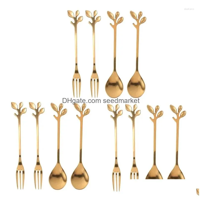 Dinnerware Sets Tableware Gold Leaf Coffee Spoon Fork 12 Pack6 Spoons 6 Forks 4.7 Inches Tea Set Drop Delivery Home Garden Kitchen D Dh71X