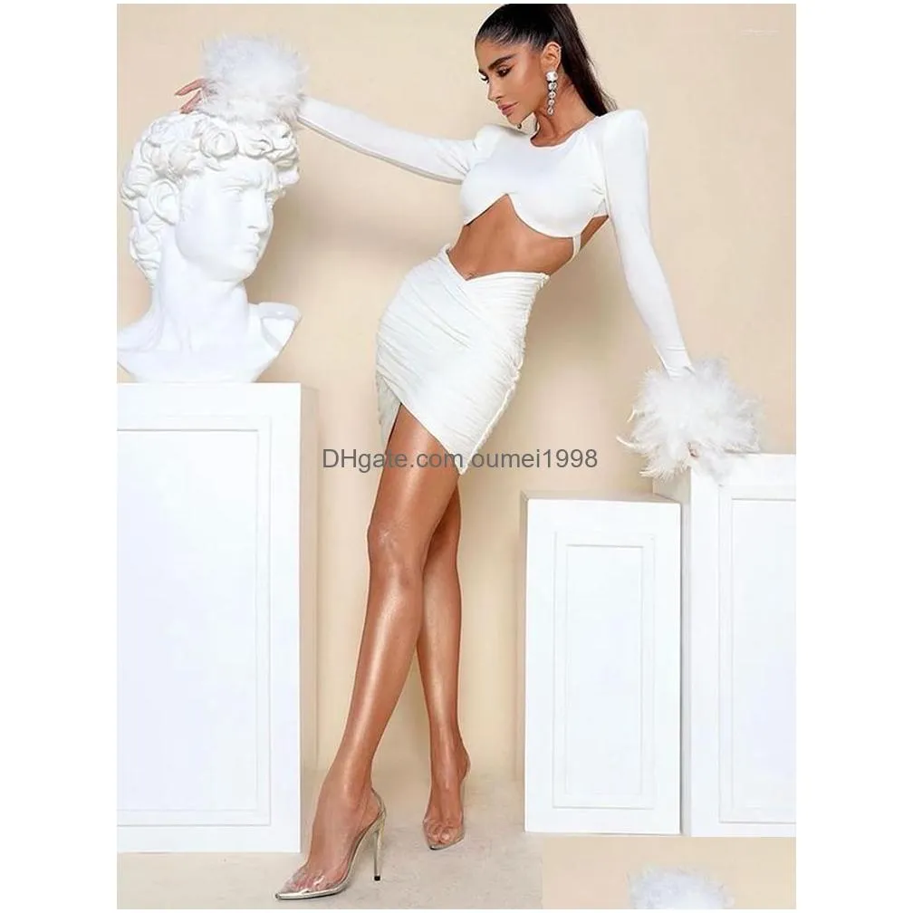 Basic & Casual Dresses Feather White Bandage Dress Luxury Woman Party Bodycon Elegant Y Long Sleeve Christmas Evening Birthday Club O Dhrhq