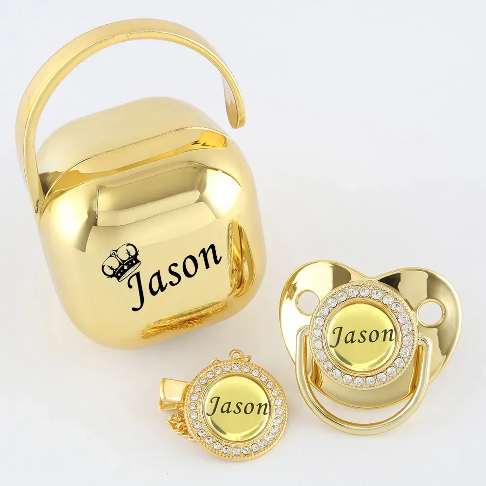 Baby Teethers Toys Any Name Personalized Gold Bling Pacifier Chain Clip Box Set A Free Dummy Teat Luxury Case Shower Gift 230608